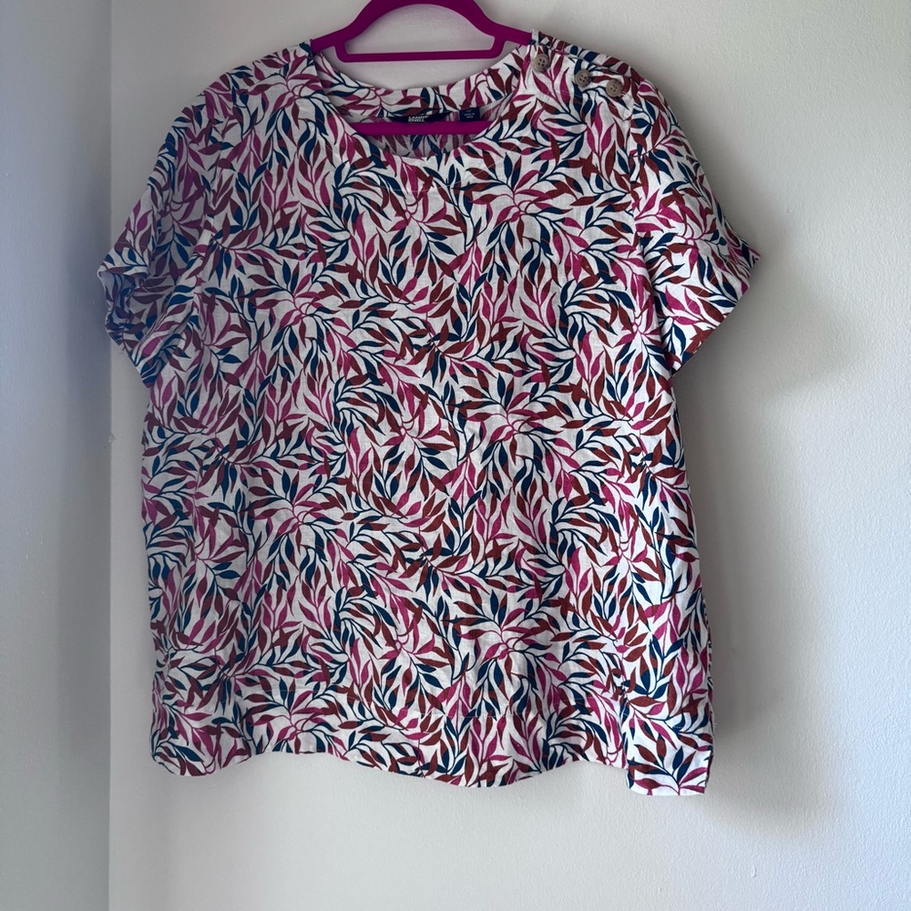 Lands' End 100%‎ Linen Leaf Print Blouse coral rust hunter green cream FLAW READ